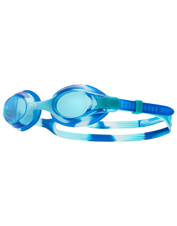 TYR Swimples Tie Dye junior goggles with blue white tie-dye, clear lenses, comfy head strap