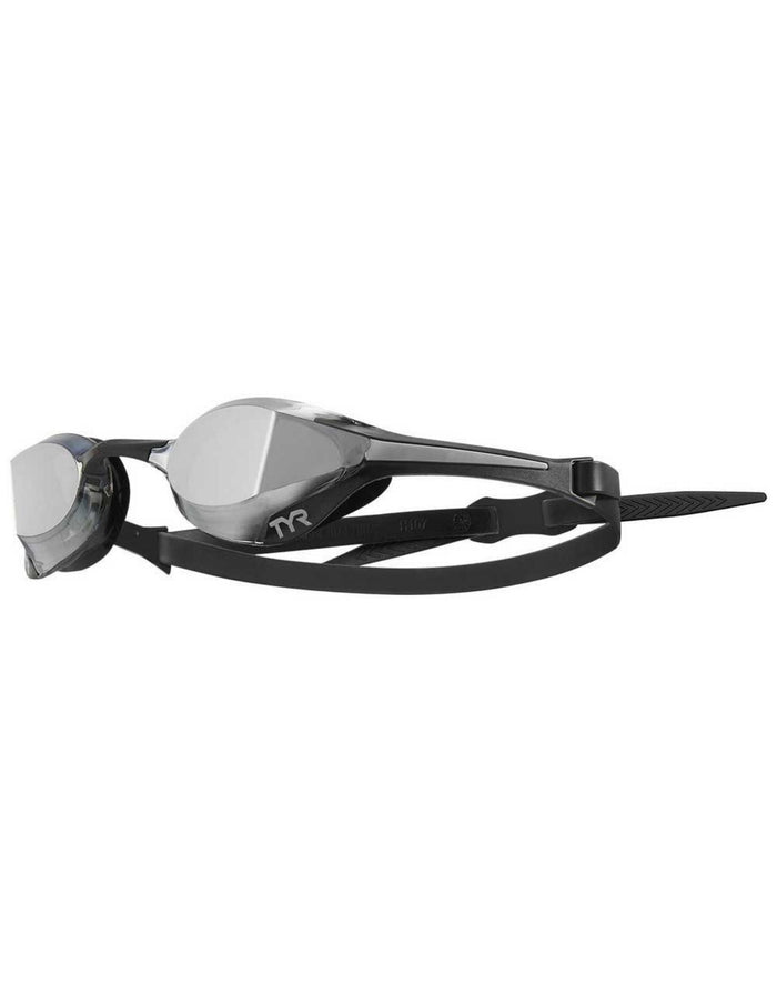 TYR Tracer X RZR mirror swimming goggles in silver and black with adjustable strap