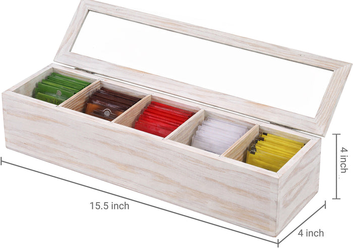 White Whale Wooden Tea Box Storage Natural Tea Chest Tea Bag Holder 5 Adjustable Tea Chest Compartments with Glass Window
