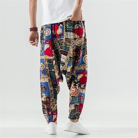 Whitewhale Mens Cotton Printed Harem Pants Pockets Yoga Trousers Hippie