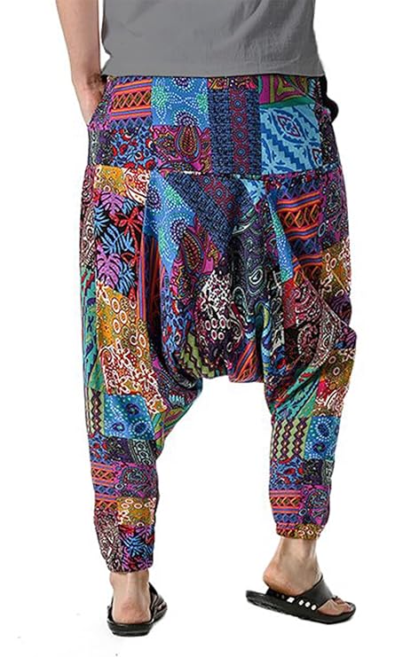 Whitewhale Mens Cotton Printed Harem Pants Pockets Yoga Trousers Hippie