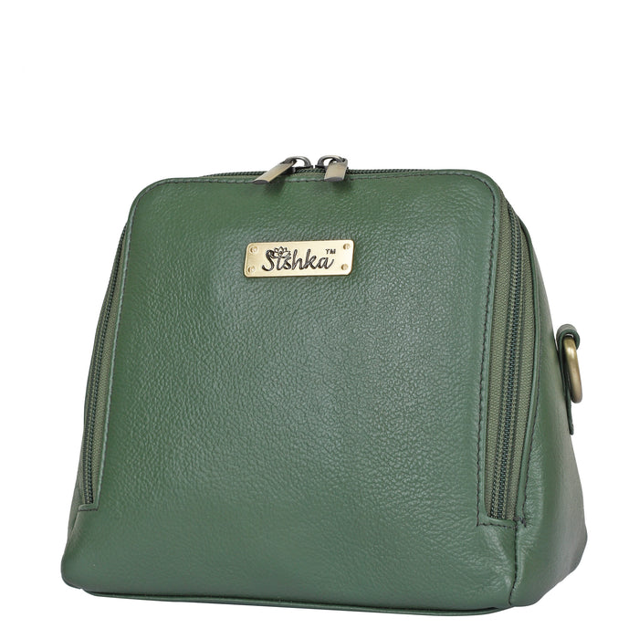 Women's olive green leather crossbody sling bag for work, travel, and daily use-full front view