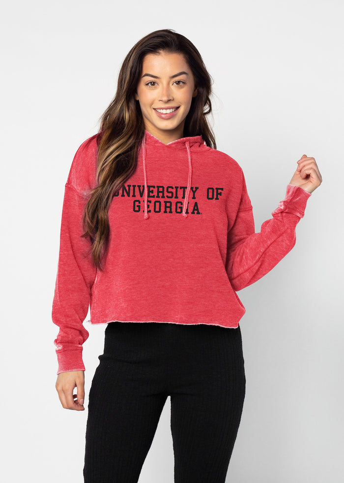 Georgia Bulldogs Women's Cardinal Relaxed, waist-length Burnout fleece Hoodie with Lived-in look, drawstring hood, dropped shoulders and raw edge