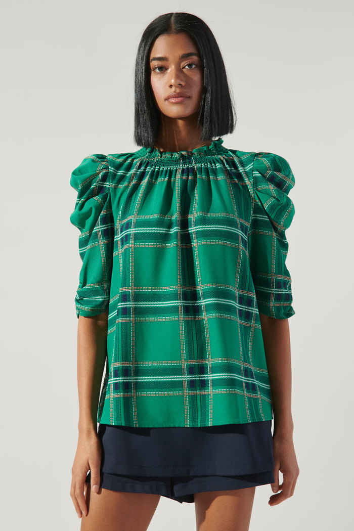 Woodland Jade Plaid Drape Sleeve Top