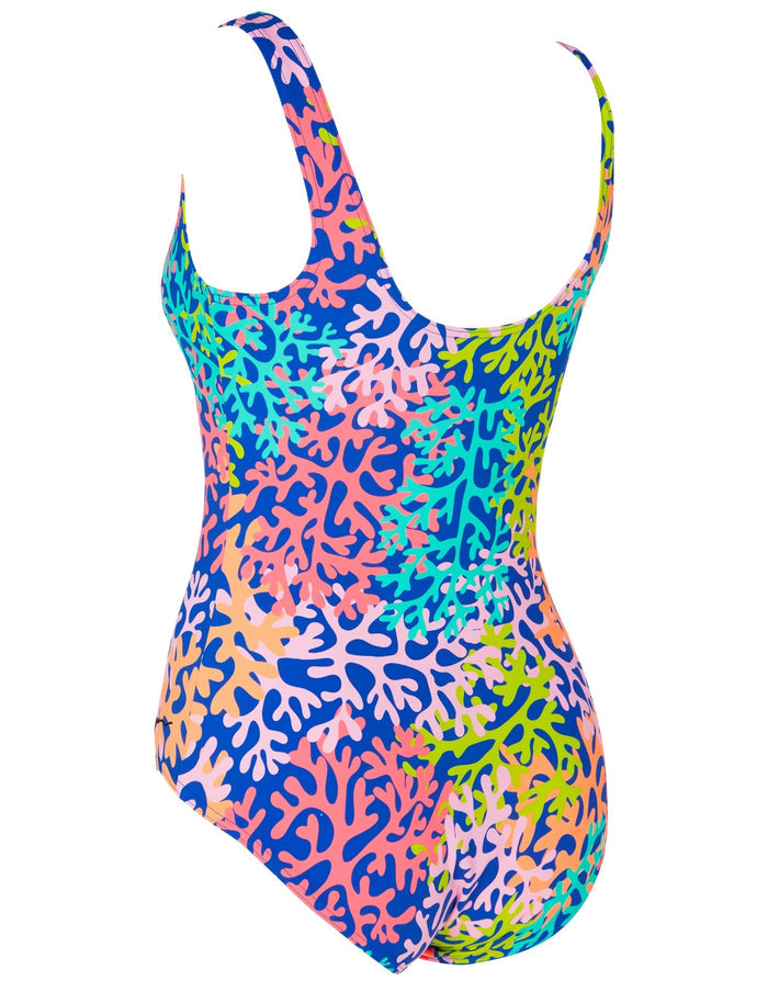 Zoggs Sea Change Thermal Ecofeel swimsuit in blue multi with multicolored coral print
