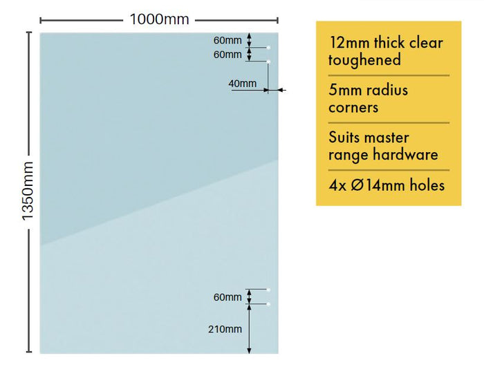 12mm pool fence hinge panel, 1350 x 1000mm Hinge panel to suit Master Range hardware and channel glazing - Image 2