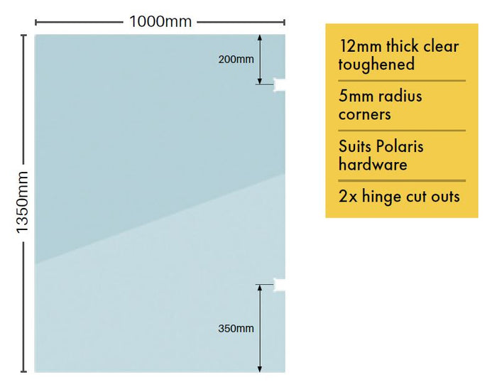 1350mm x 1000mm 12mm GLASS Hinge panel to suit Polaris Hardware and channel / side mount glazing - Image 2