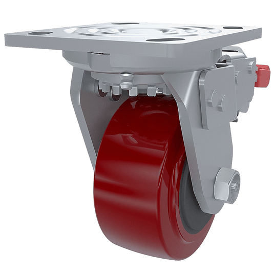 Render of 4" x 2" Polyurethane Swivel Caster with Full Brake, 3/4 perspective