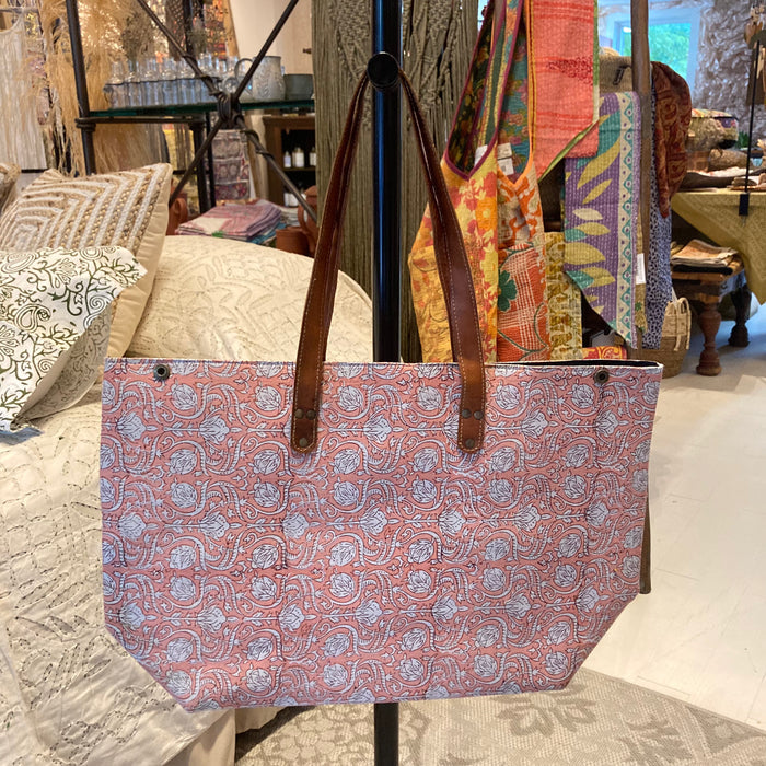 Oversized Blockprint Bags with Leather Straps (Made with Vintage Upcycled Materials)