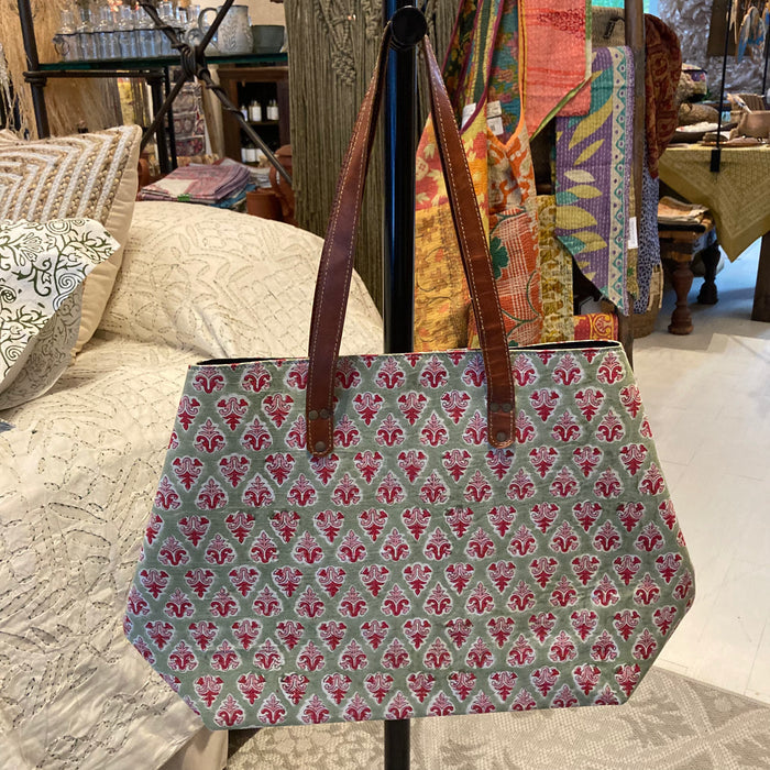 Oversized Blockprint Bags with Leather Straps (Made with Vintage Upcycled Materials)