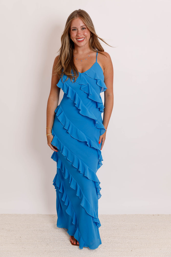 Blue Tiered Ruffle Formal Dress- Wedding Guest Dress- Mable Ruffle Maxi