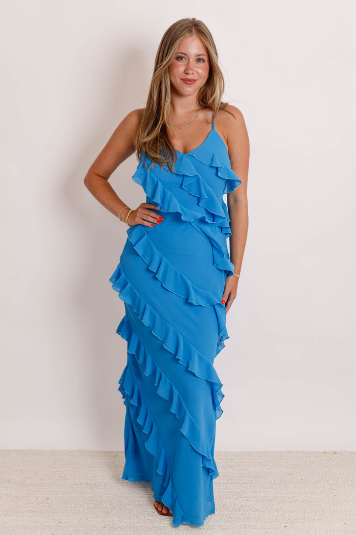 Blue Tiered Ruffle Formal Dress- Wedding Guest Dress- Mable Ruffle Maxi