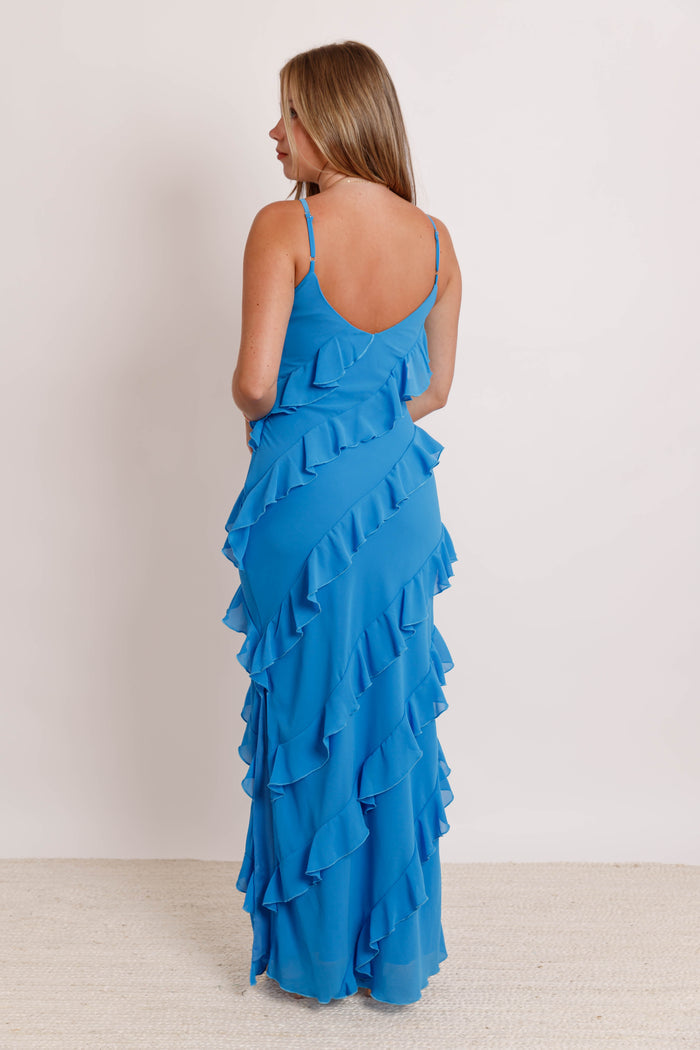 Blue Tiered Ruffle Formal Dress- Wedding Guest Dress- Mable Ruffle Maxi