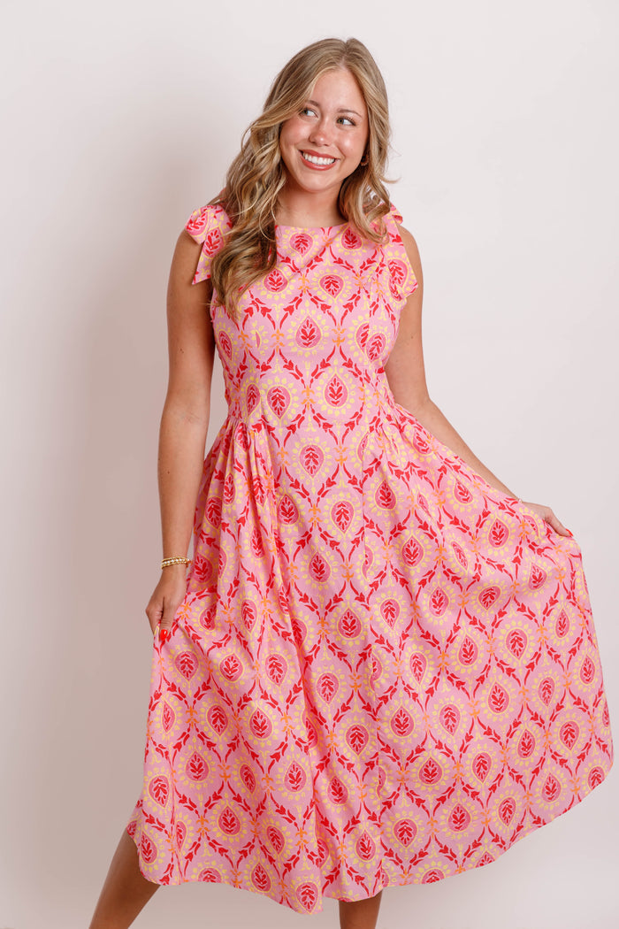 Pink Printed Bow Strap Midi Dress- Women's Modest Dresses- THML Midi Dress