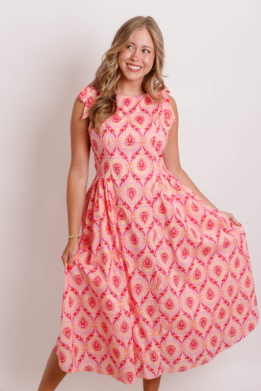 Pink Printed Bow Strap Midi Dress- Women's Modest Dresses- THML Midi Dress