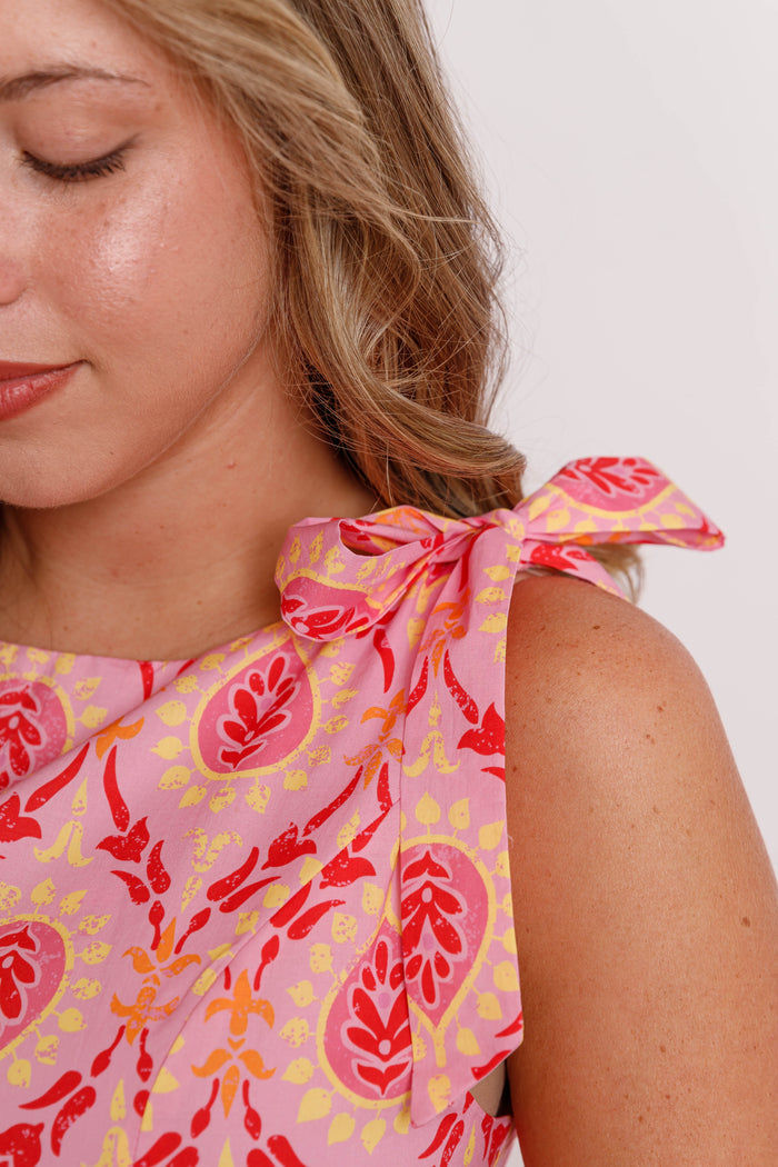 Pink Printed Bow Strap Midi Dress- Women's Modest Dresses- THML Midi Dress