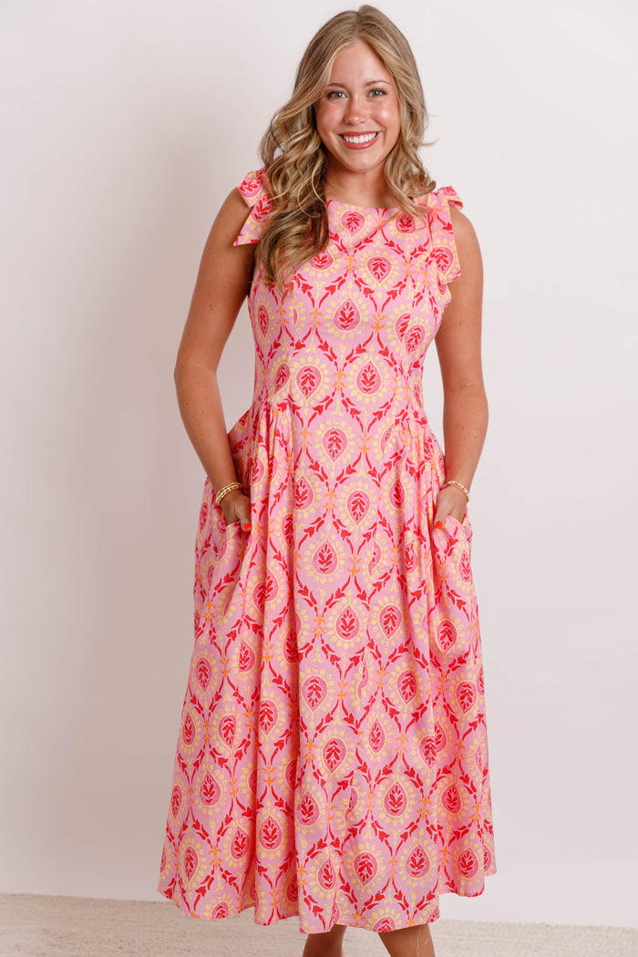 Pink Printed Bow Strap Midi Dress- Women's Modest Dresses- THML Midi Dress