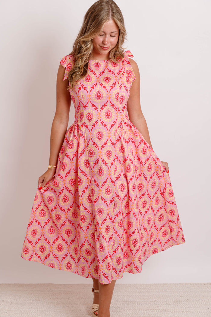 Pink Printed Bow Strap Midi Dress- Women's Modest Dresses- THML Midi Dress