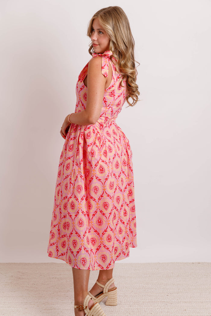 Pink Printed Bow Strap Midi Dress- Women's Modest Dresses- THML Midi Dress