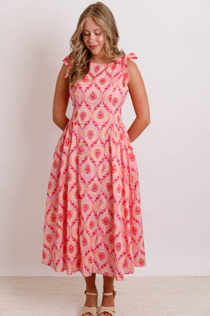 Pink Printed Bow Strap Midi Dress- Women's Modest Dresses- THML Midi Dress