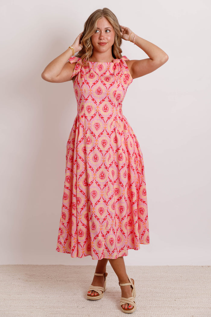Pink Printed Bow Strap Midi Dress- Women's Modest Dresses- THML Midi Dress