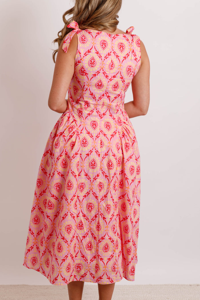 Pink Printed Bow Strap Midi Dress- Women's Modest Dresses- THML Midi Dress
