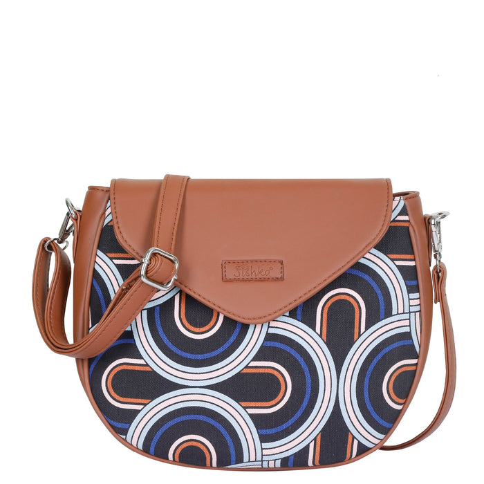 Abstract printed canvas shoulder‑sling bag with tall soft silhouette for office and daily use
