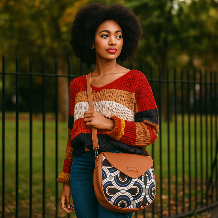 Abstract printed canvas shoulder‑sling bag with tall soft silhouette for office and daily use-model image