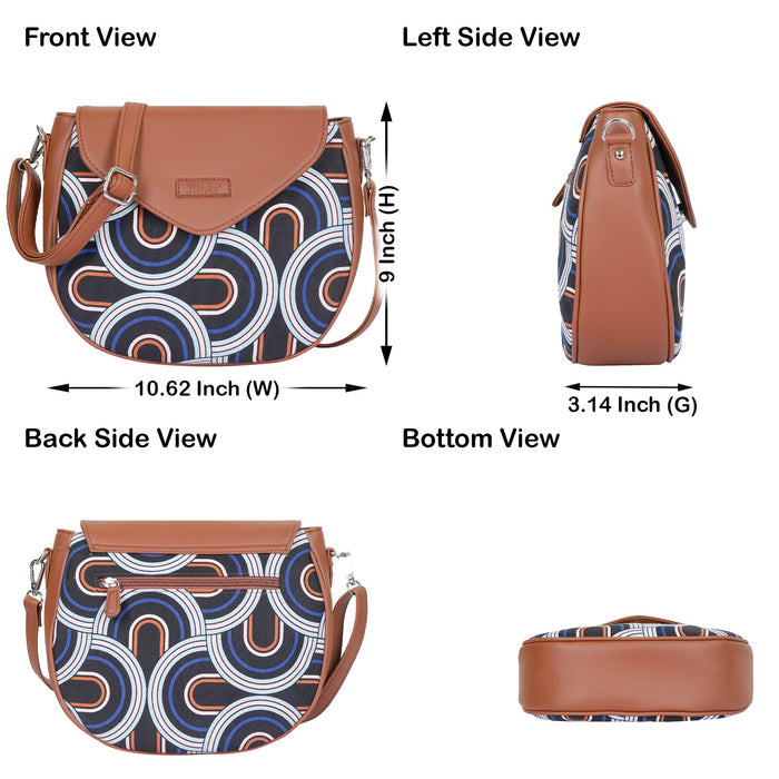 Abstract printed canvas shoulder‑sling bag with tall soft silhouette for office and daily use- infographic image