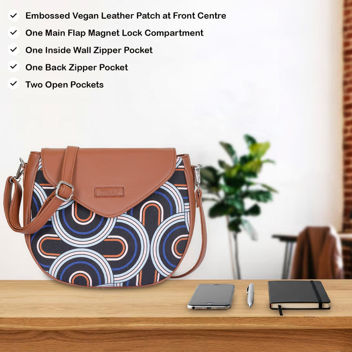 Abstract printed canvas shoulder‑sling bag with tall soft silhouette for office and daily use-feature image