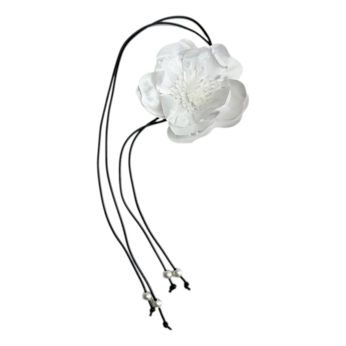 Alex White Flower Tie With Black String and Pearl Tassels - Petite Maison Kids