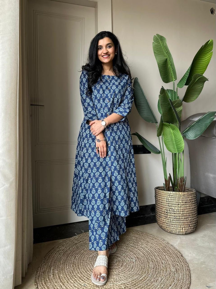 Amayra A-line Cotton Pant Set- Indigo Booti