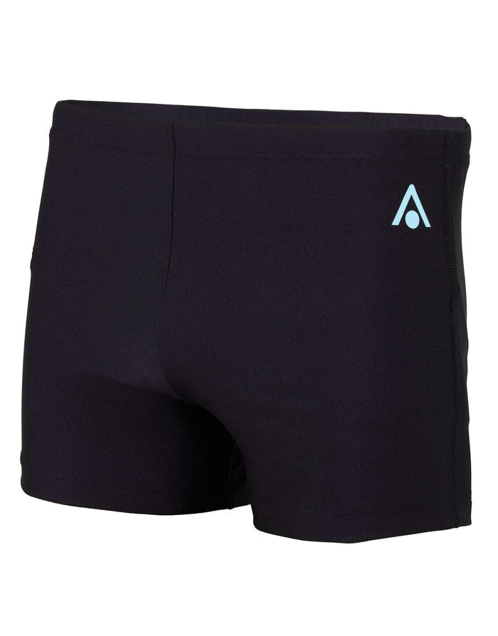 Black Aqua Sphere essentials boxer swim trunks with teal logo and flexible fit