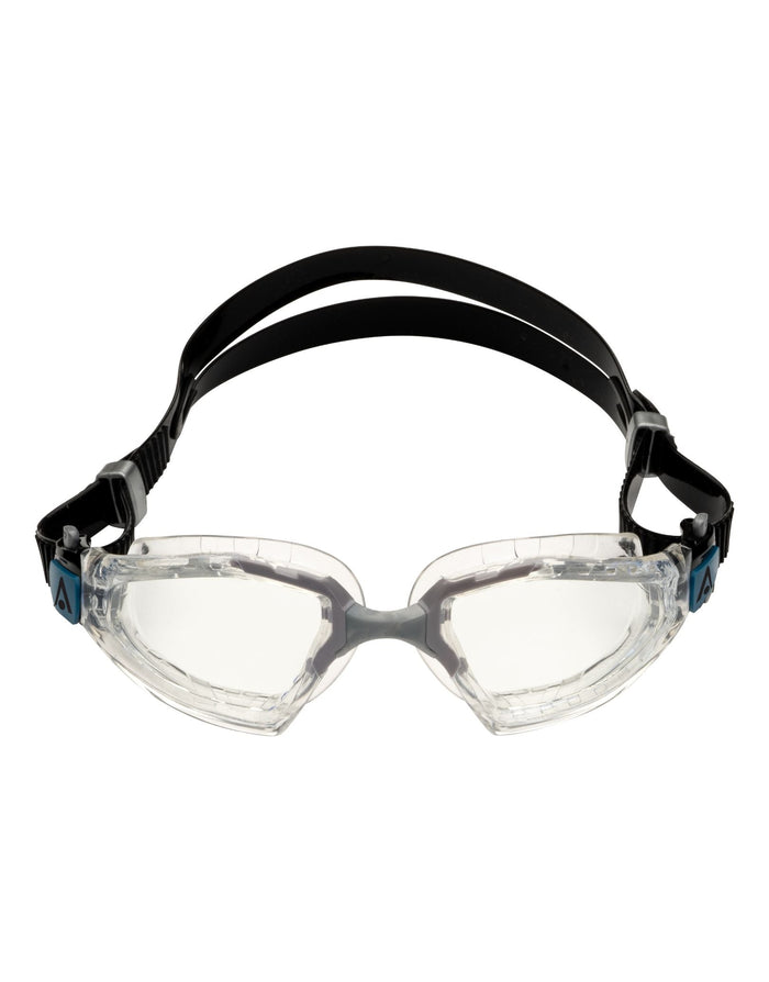 Clear lens Aquasphere Kayenne Pro Swim Goggles with black straps and blue accents for comfy visibility