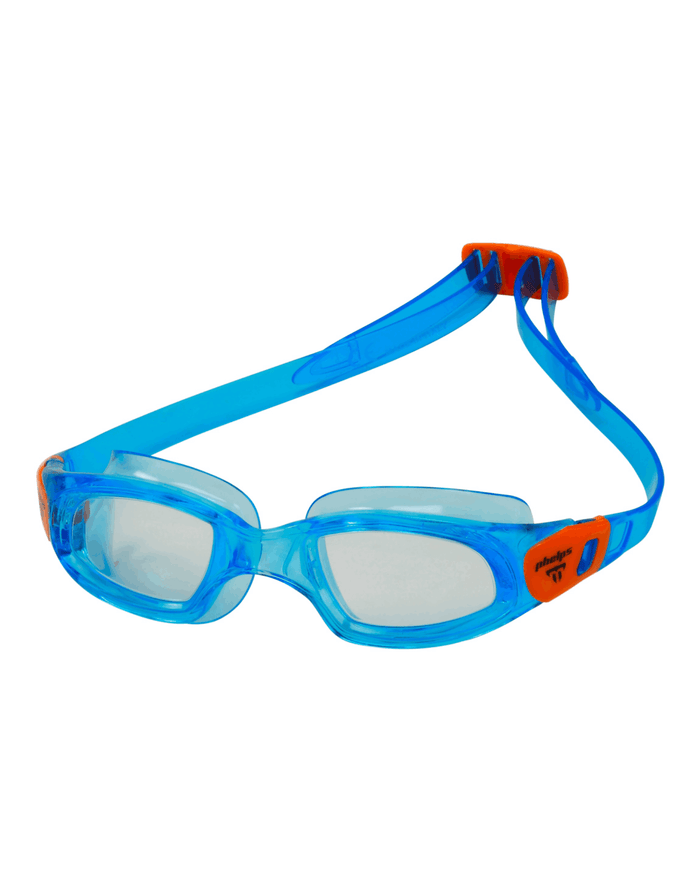 Michael Phelps Tiburon kid swim goggles in blue and orange with clear lenses