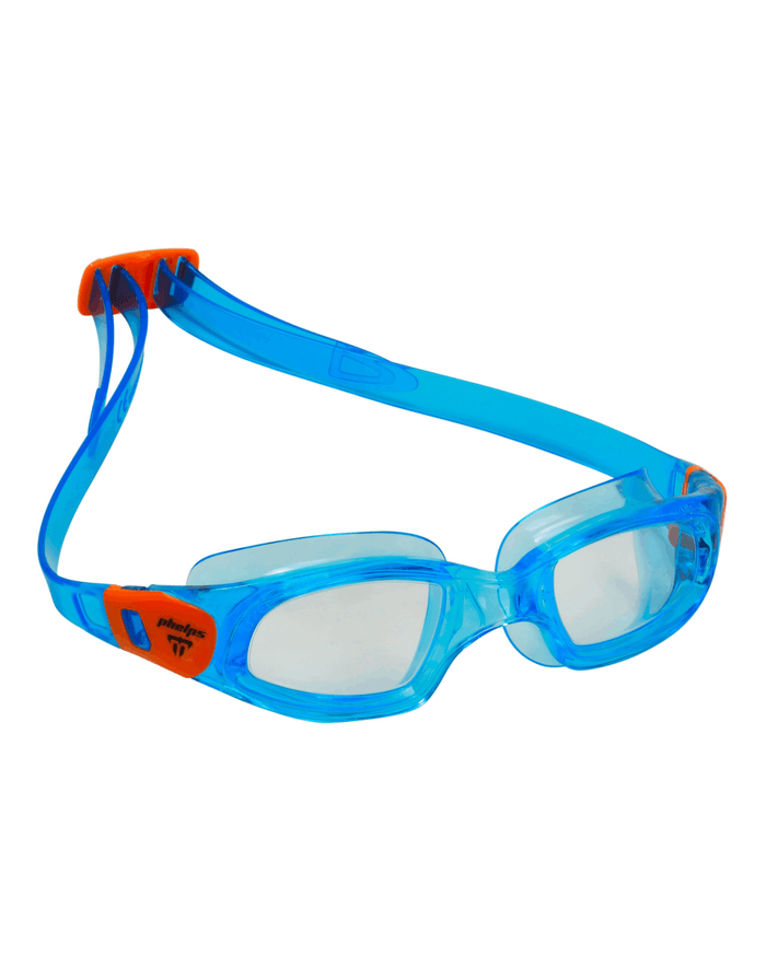 Blue and orange Michael Phelps Tiburon kid swim goggles with clear lenses