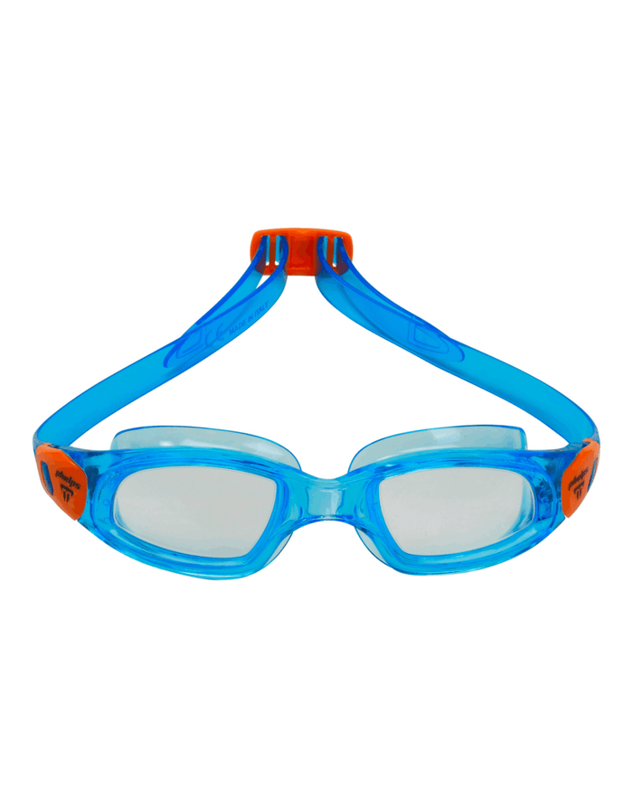 Michael Phelps Tiburon kid swim goggles in blue and orange with clear lenses
