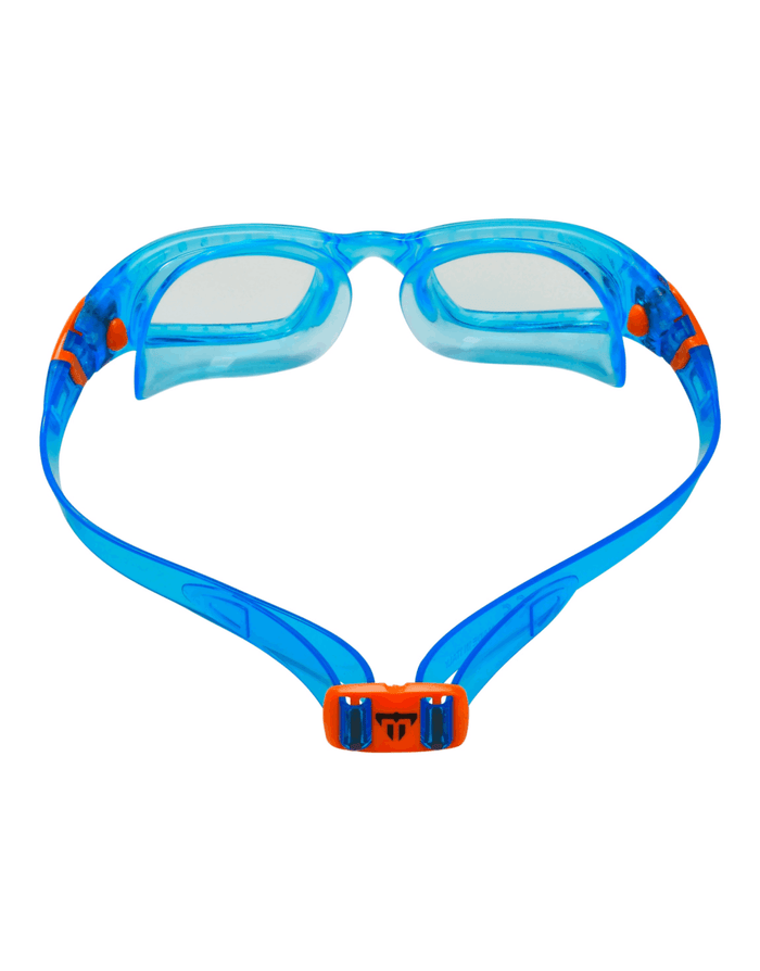 Blue and orange Michael Phelps Tiburon kid swim goggles with clear lenses