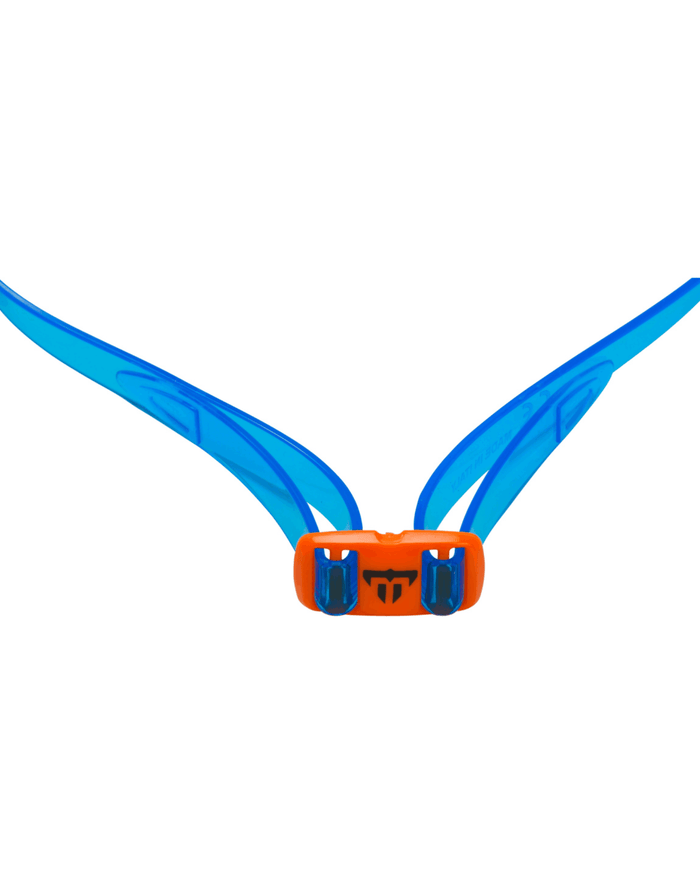 Colorful orange blue toy bird flying with Michael Phelps Tiburon goggles
