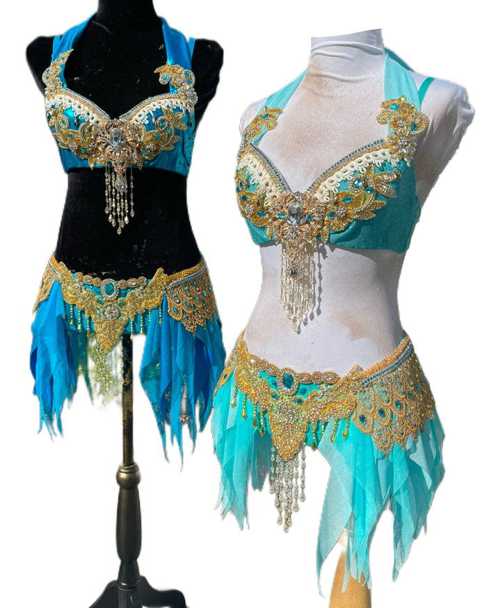 Arabian Nights Inspired Costume – Turquoise & Gold Rave Bra and Shorts Set