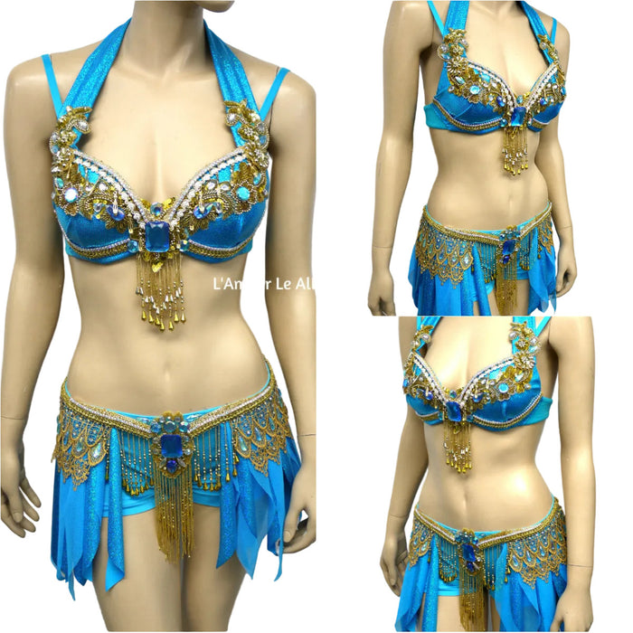 Arabian Nights Inspired Costume – Turquoise & Gold Rave Bra and Shorts Set