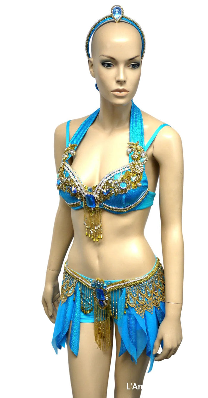 Arabian Nights Inspired Costume – Turquoise & Gold Rave Bra and Shorts Set