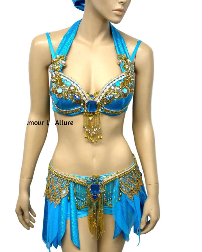 Arabian Nights Inspired Costume – Turquoise & Gold Rave Bra and Shorts Set
