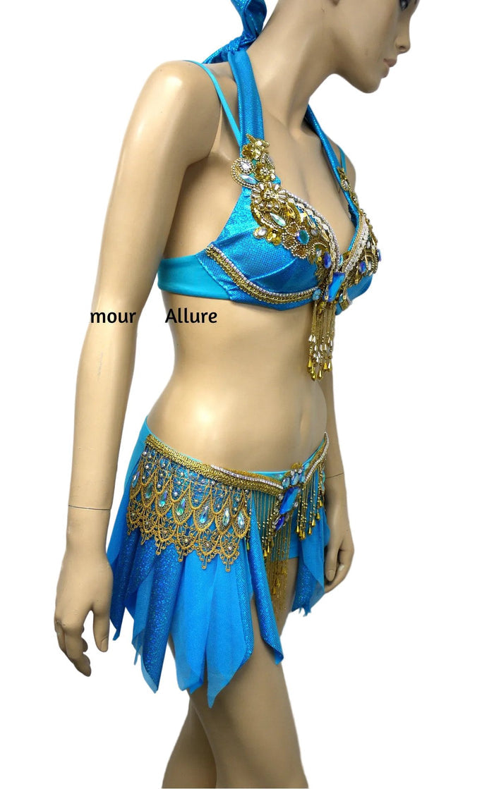 Arabian Nights Inspired Costume – Turquoise & Gold Rave Bra and Shorts Set