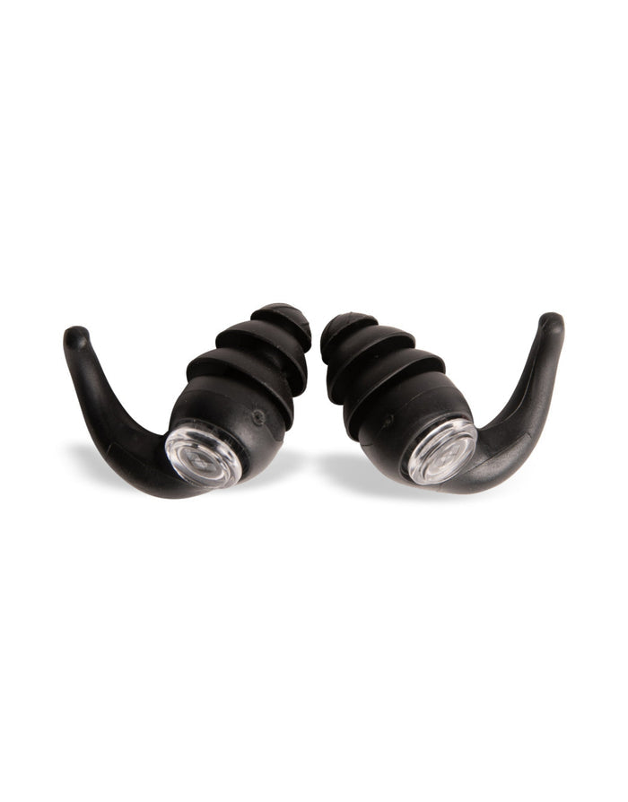 Arena 3-Ring Form Swim Earplug with black curved tips and clear silicone caps for noise reduction