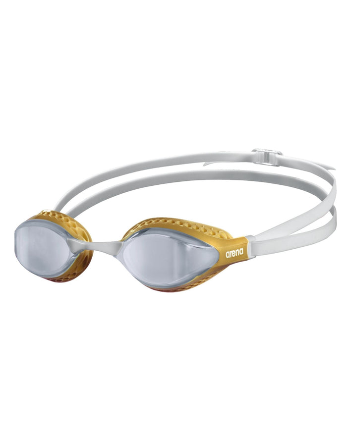 Arena Airspeed mirror swim goggle in gold and white with clear lenses