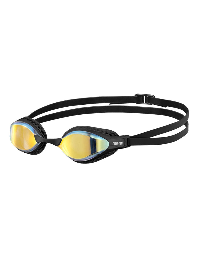 Black and yellow Arena Airspeed mirror swim goggles with adjustable strap