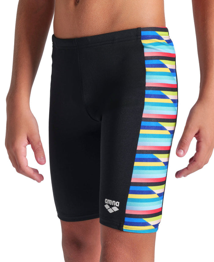 Arena Boys Racing Stripe Swim Jammer in black multi stripes
