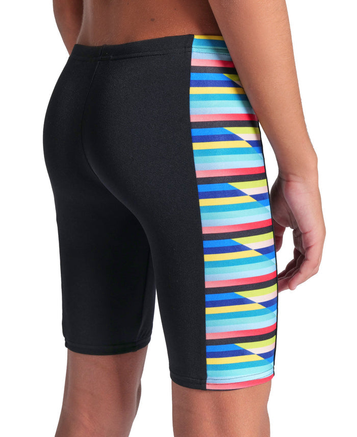 Arena Boys racing stripe swim jammer in black with colorful geometric spandex sides
