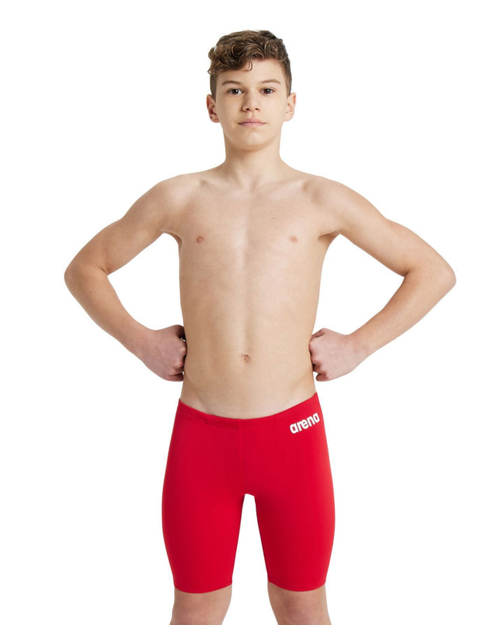 Red Arena boys team solid swim jammer with white spandex logo